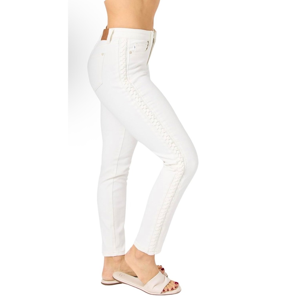 Judy Blue Los Angeles White Denim Jeans Relaxed Fit Braided Trim‎ Women - Picture 3 of 14